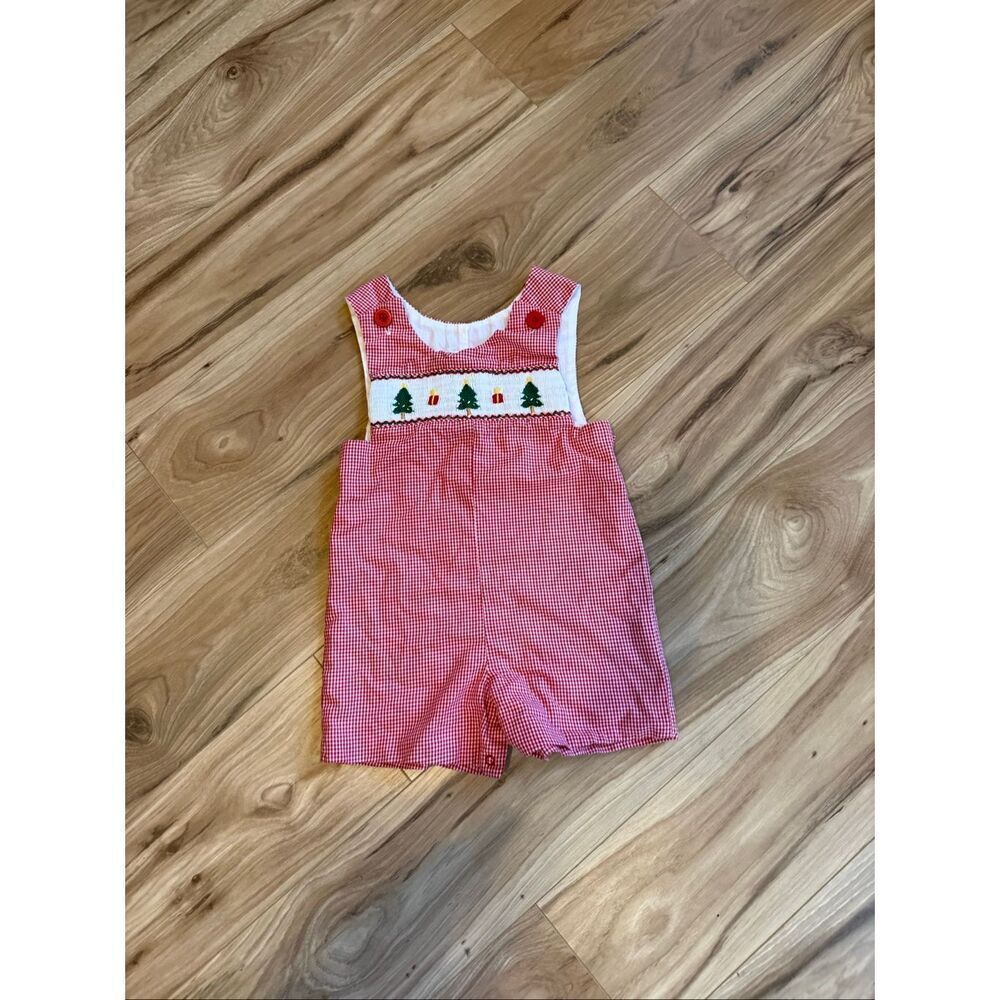Vintage 90s Kelly’s Kids Boys Red Gingham Embroidered Smocked Christmas Romper S